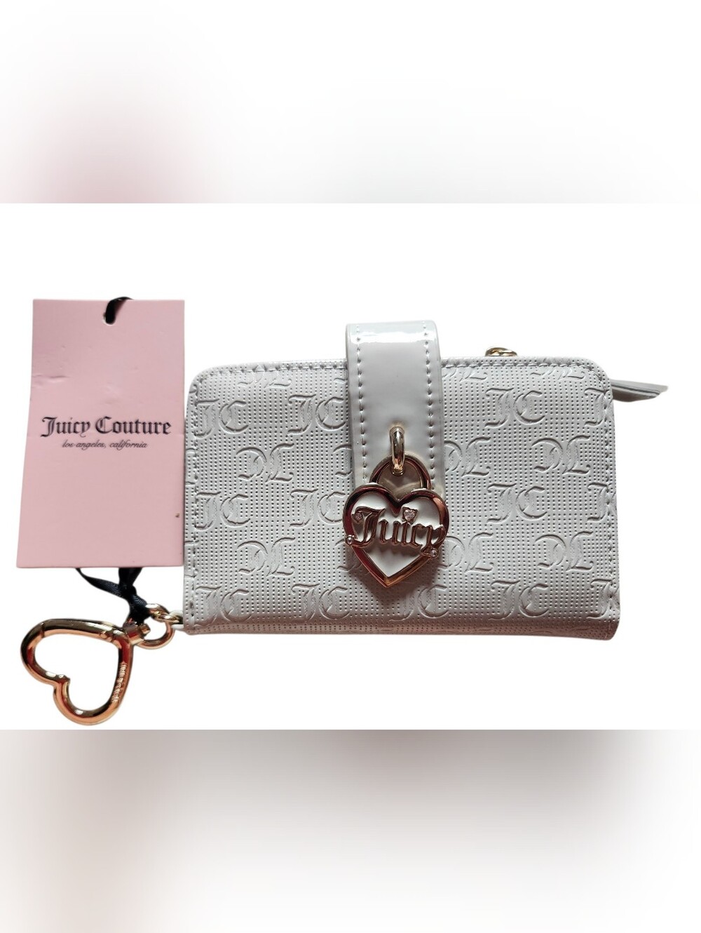 Juicy Couture NWT White Embossed Heart Charm Wallet No Callouts